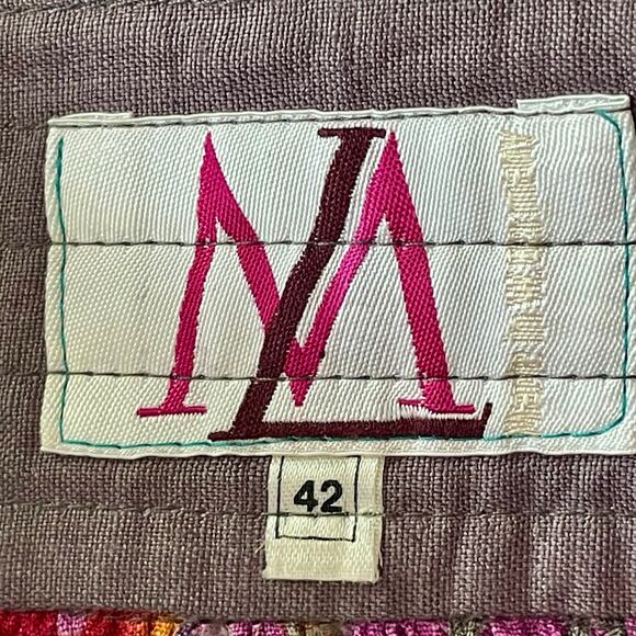 A-Line 100% Linen Midi Skirt Orange Purple Iris Print Button Side Closure Sz 10 - Picture 5 of 7